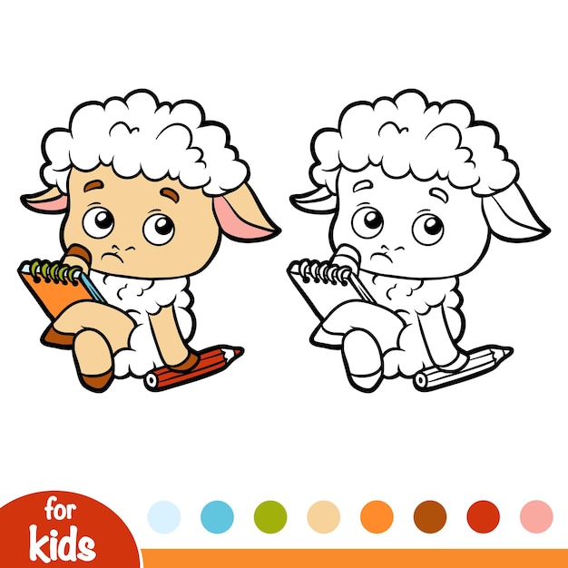 Coloring book for children, Sheep writer with a pencil and a notebook