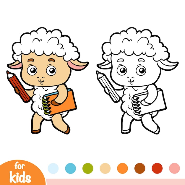 Coloring book for children, Sheep writer with a pencil and a notebook