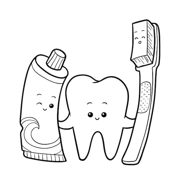 Coloring book for children Tooth and toothbrush and toothpaste