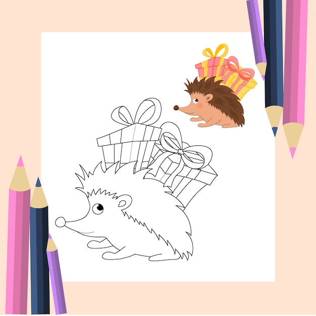 Coloring book for children in vector. Cute little hedgehog in cartoon style. Monochrome and colored versions. Children's collection.