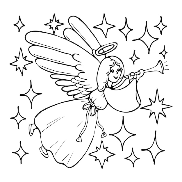 Coloring book Christmas angel in starry sky Cute cartoon character Hand drawn line art black white illustration Coloring page for kids and adults