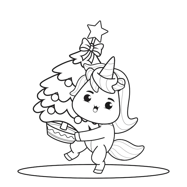 Coloring book christmas day with cute unicorn