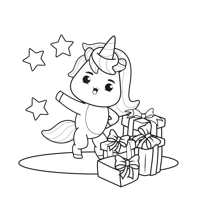 Coloring book christmas day with cute unicorn