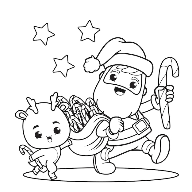 Coloring book christmas day with santa claus and cute deer