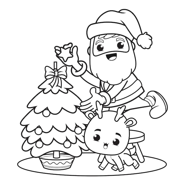 Coloring book christmas day with santa claus and cute deer