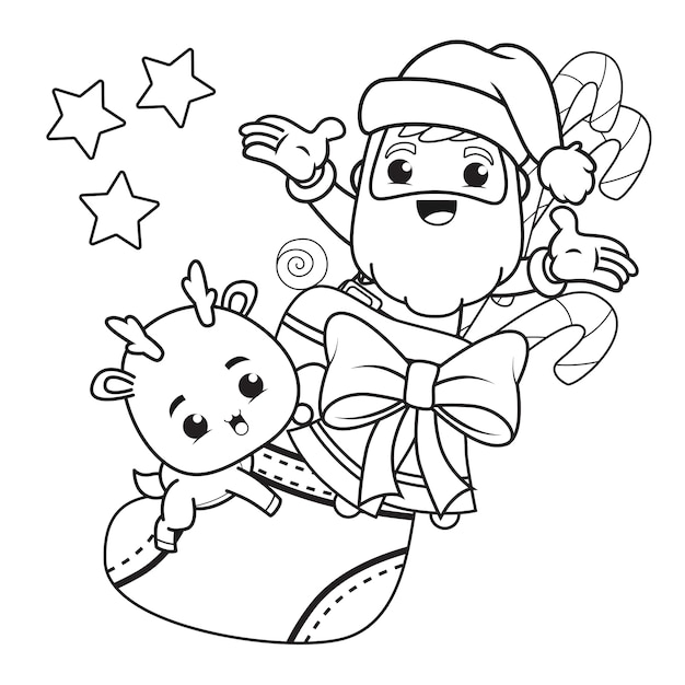 Coloring book christmas day with santa claus and cute deer