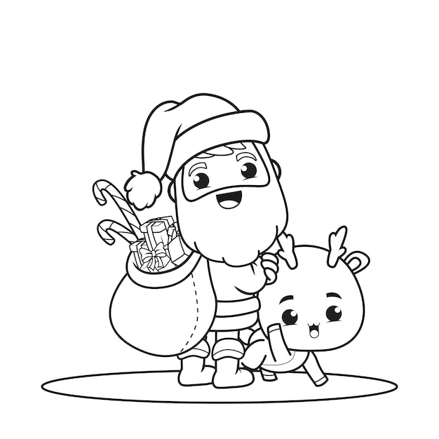 Coloring book christmas day with santa claus and cute deer