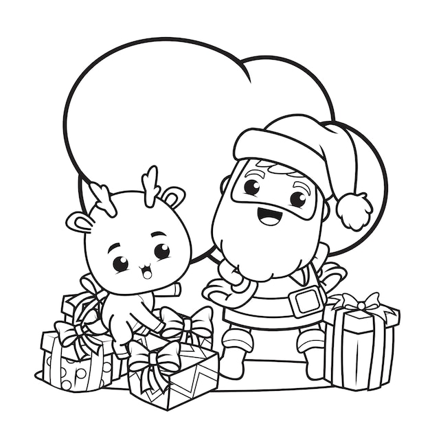 Coloring book christmas day with santa claus and cute deer