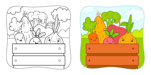 Coloring book or Coloring page for kids Vegetables vector clipart Nature background