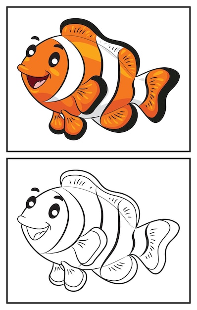 Coloring book cute clown fish. Coloring page and colorful clipart character