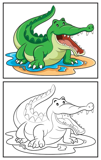 Coloring book cute crocodile. Coloring page and colorful clipart character. Vector cartoon.