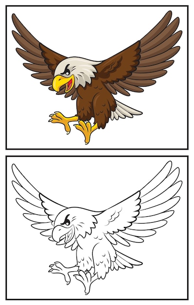 Coloring book cute eagle Coloring page and colorful clipart character Vector cartoon illustration