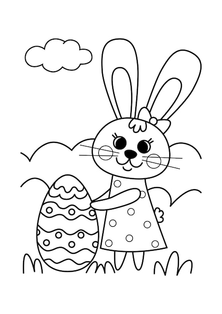 Coloring book Cute Easter bunny and Easter egg Vector illustration in a flat cartoon style black and white line art