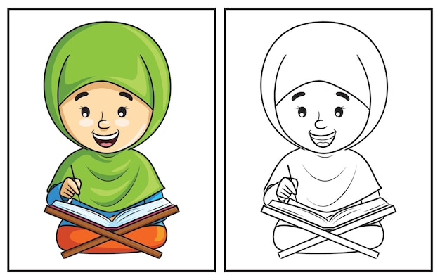 Coloring book cute girl reading Quran