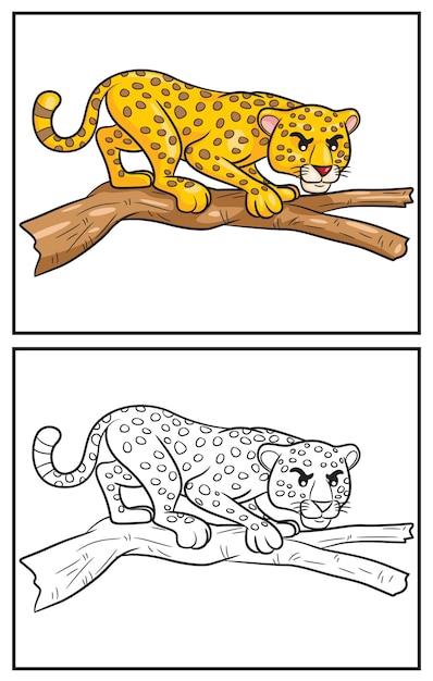 Coloring book cute leopard Coloring page and colorful clipart character Vector cartoon