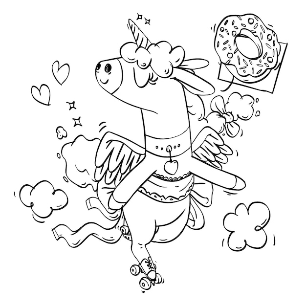 Coloring book of cute roller skates unicorn