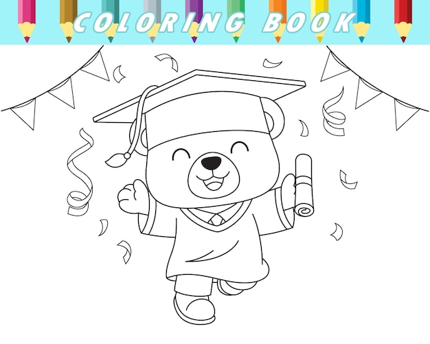 Coloring book of cute teddy bear in graduation gown celebrating graduation day Vector cartoon illustration