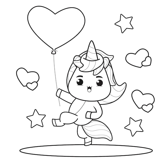 Coloring Book Cute Unicorn for Valentine's Day Illustration