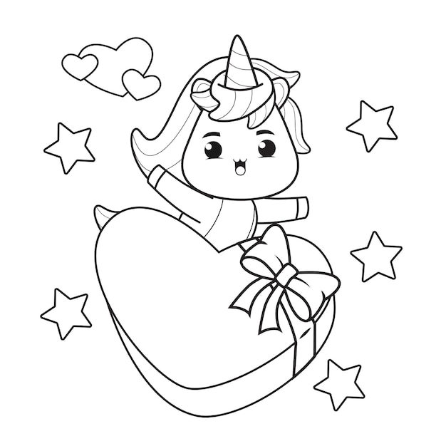 Coloring Book Cute Unicorn for Valentine's Day Illustration