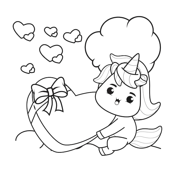 Coloring Book Cute Unicorn for Valentine's Day Illustration