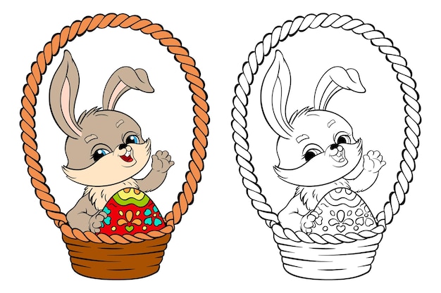 Coloring book Easter Bunny sits in a basket and holds a painted egg Vector