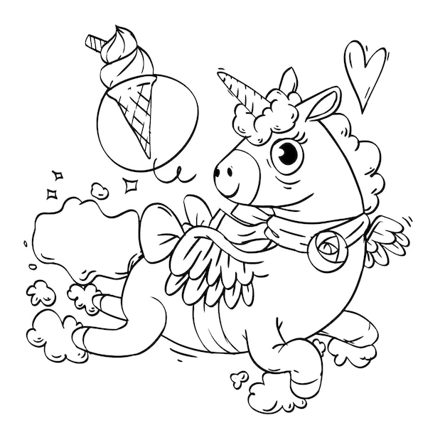 Coloring book of flying cute unicorn