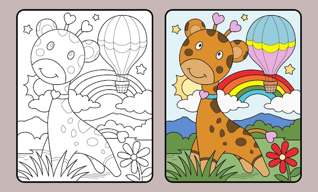 Coloring book of giraffe and hot air balloon or educational page for children and elementary school