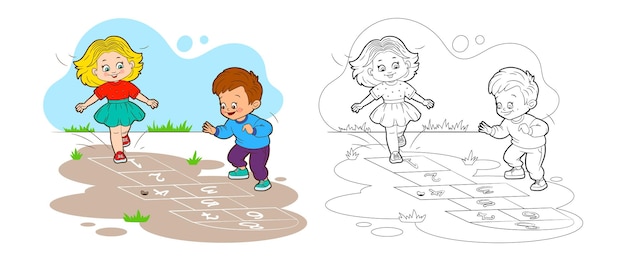 Coloring book girl and boy are jumping while playing hopscotch. Vector illustration in cartoon style, black and white lines