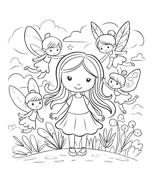 coloring book of a girl with dragonflies and butterflies