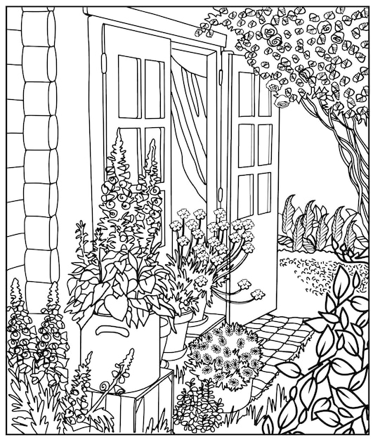 Coloring book Illustration for coloring with garden flowers Art line Art therapy