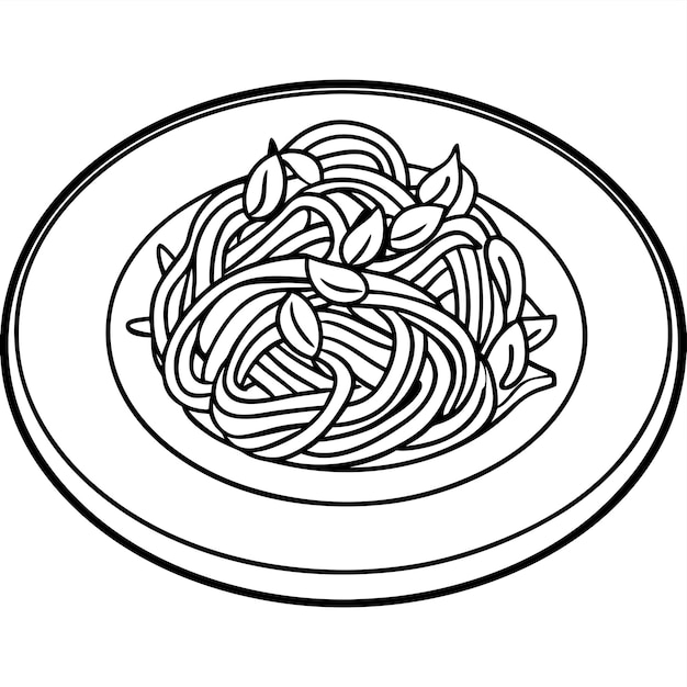 Coloring book illustration of spaghetti in a bowl in black and white