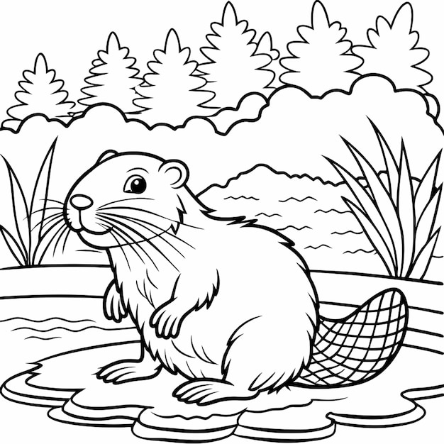 Vector coloring book image of beaver castor canadensis in lake dam vector illustration line art