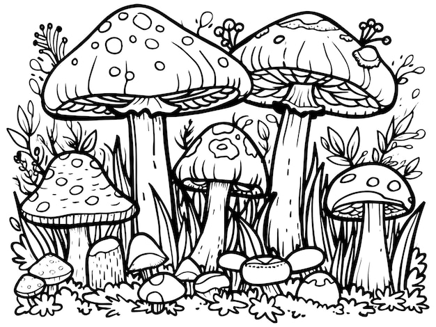 Coloring book image mushroom forest vector generative ai