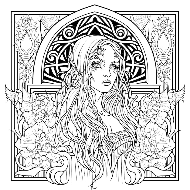 Coloring book The image of a princess with a beautiful Hand drawn princess zentangle and mandala style