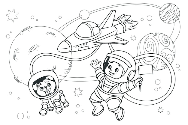 Coloring book Kid astronaut with a dog  soar in space against the background of  planets Vector