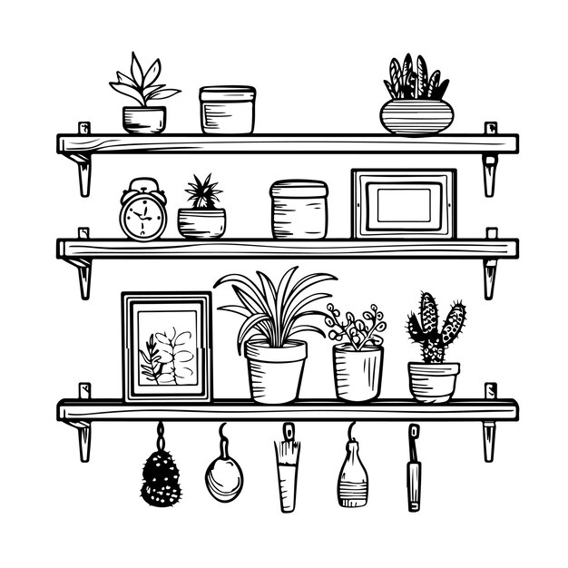 Vector coloring book for kids black and white hand drawn illustration of wall shelf