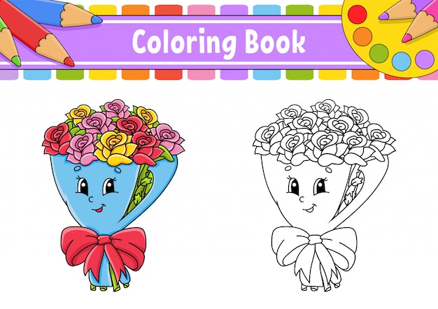 Coloring book for kids. Bouquet of flowers roses on wrapping paper with bow.