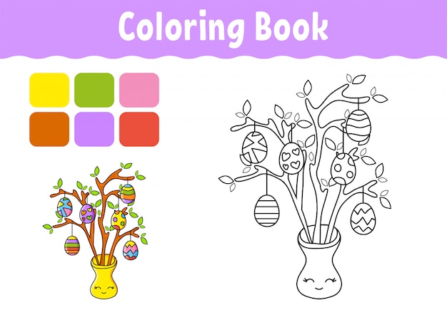 Coloring book for kids. Cheerful character. Easter egg tree. Cute cartoon style.