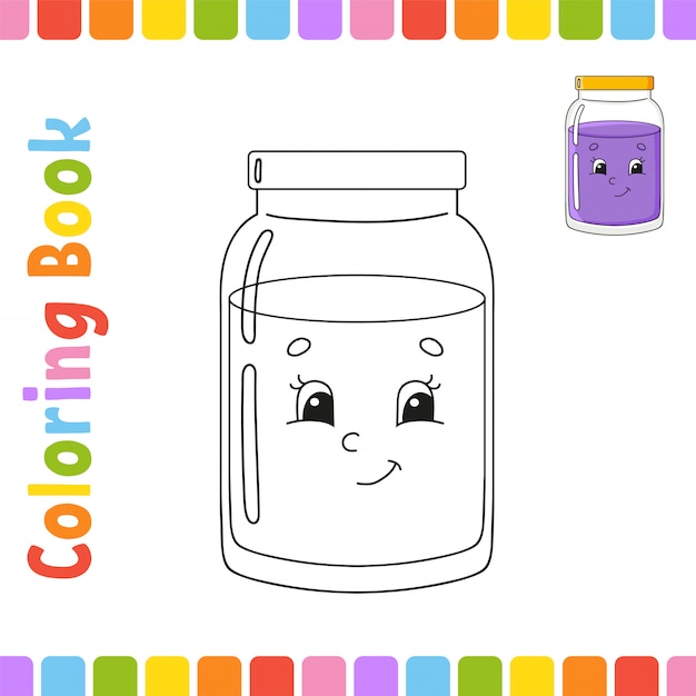 Coloring book for kids. Glass jar. Cheerful character.