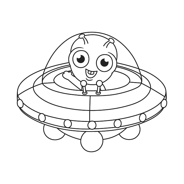 Coloring book for kids little alien waving inside ufo