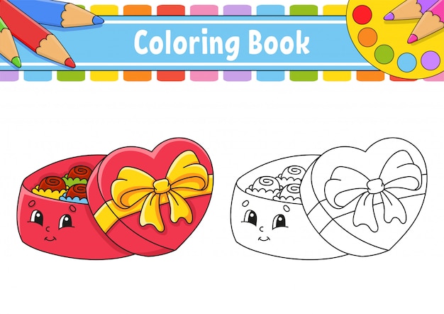 Coloring book for kids. Open gift box with chocolates. Cartoon character.