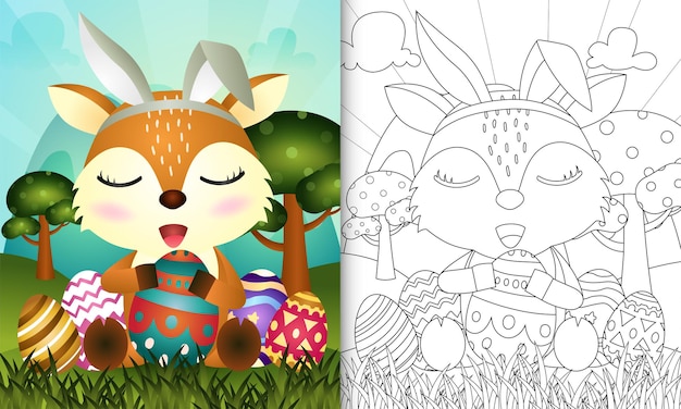 Coloring book for kids themed easter with a cute deer using bunny ears