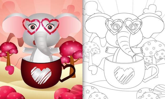 Coloring book for kids with a cute elephant in the cup themed valentine day