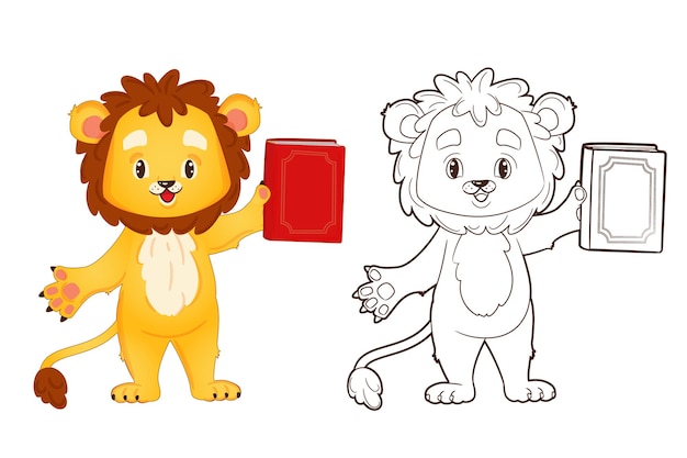 Coloring book little lion is holding a book. Vector illustration