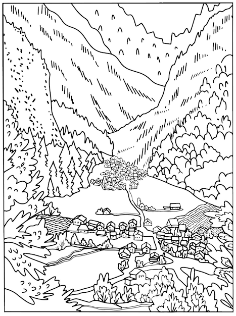 Coloring book Lovely landscapemountains and village in the valley Vector art line background