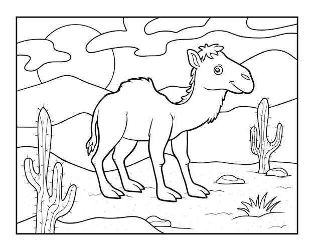 Coloring book Onehumped camel on a desert background