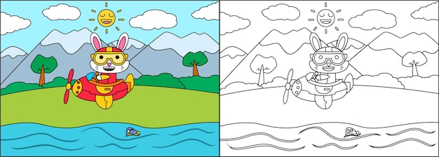 coloring book or page  cartoon rabbit driving a plane