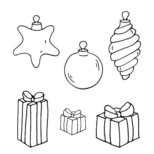 Coloring book page Christmas balls spiral stars gifts Vector illustration