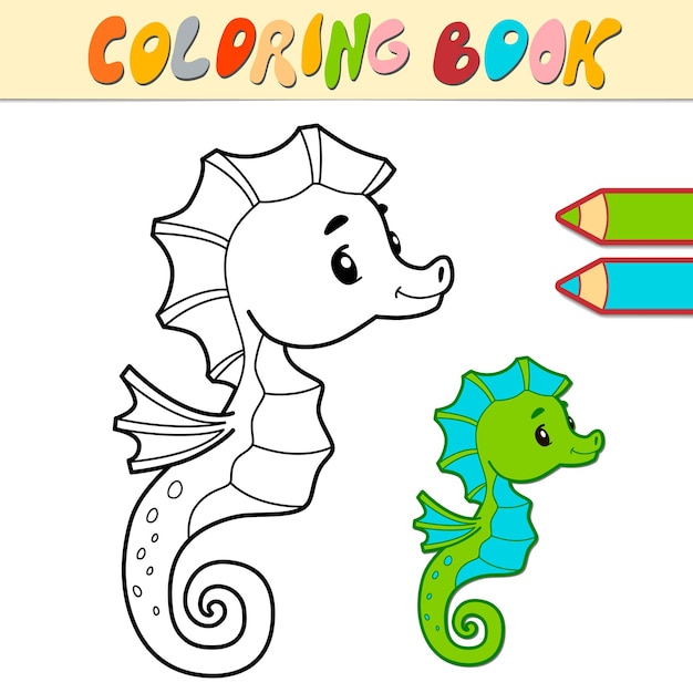 Coloring book or page for kids. Sea Horse black and white illustration