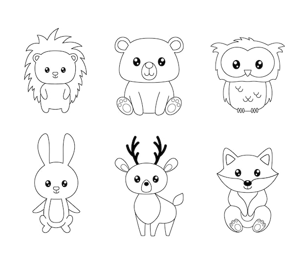 Coloring book or page for kids with forest animals Woodland outline black and white vector illustration Cute owl bear hedgehog foxdeer bunny isolated on white